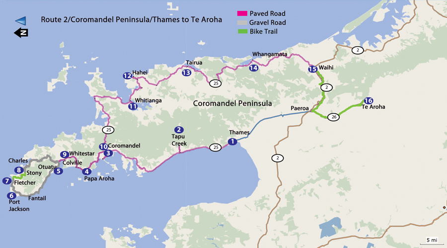 Bicycling North Island New Zealand-Route 2 Coromandel Peninsula map